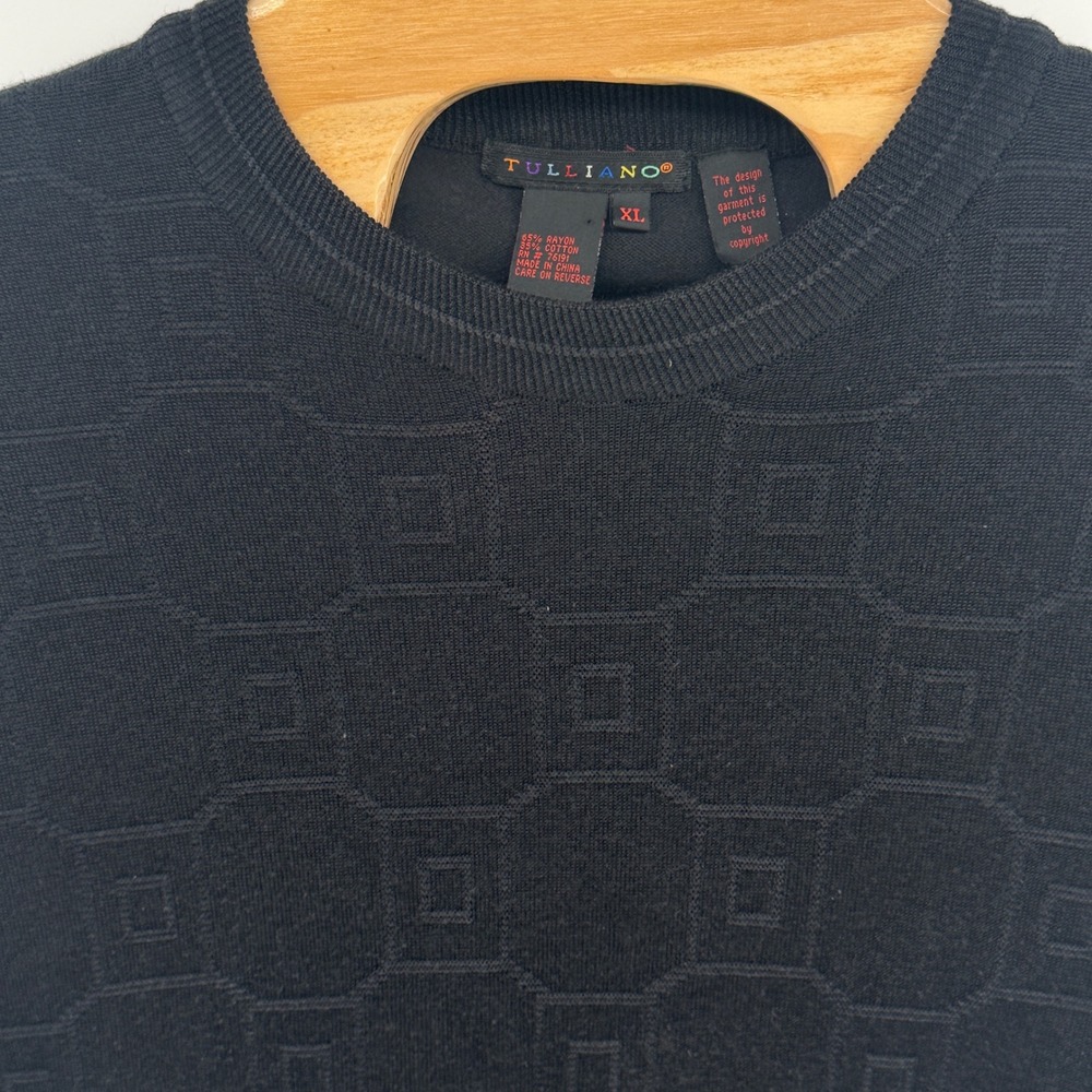 Tulliano Mens XL Black Textured Geometric Knit Short Sleeve Crew Neck Sweater